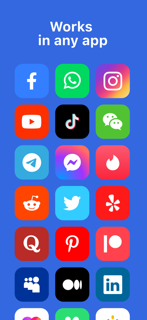 Translator Keyboard: Transly - A collection of social media and messaging app icons demonstrating Transly keyboard compatibility across different platforms