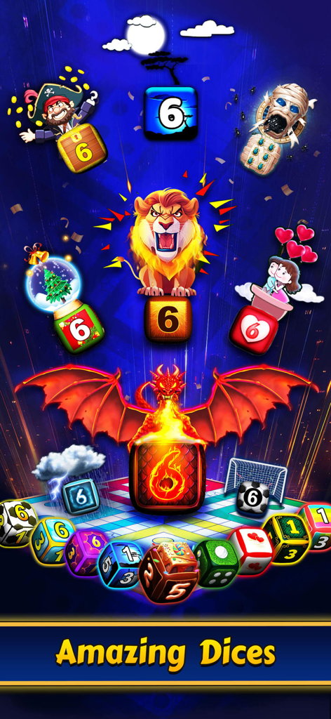 A collection of various themed dice skins for the Ludo King mobile game including dragon lion and pirate designs