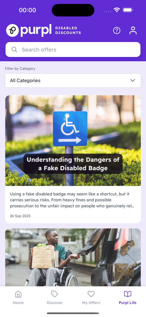 Purpl Discounts - Interface of the Purpl Discounts app showing articles in the Purpl Life section.