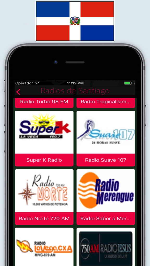 Radio Republic Dominican FM - Live Stations Online - A mobile app screen displaying several live radio stations from Santiago Dominican Republic.