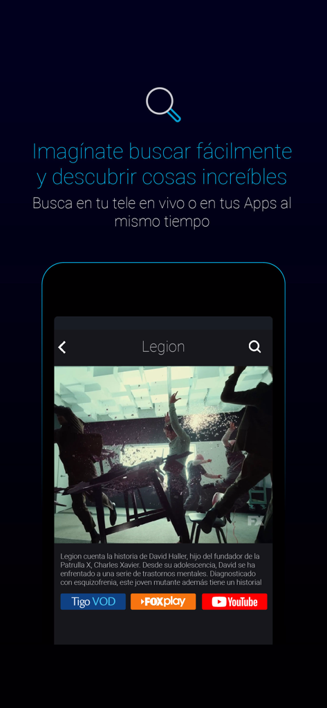 Tigo ONE tv - Screenshot of the Tigo ONE tv app showing the cross-platform search feature for live TV and streaming services like YouTube and FOX play.