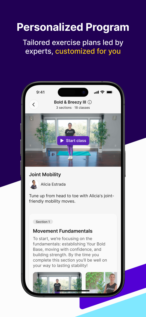 Bold: Science-backed exercises - Bold app interface showing a personalized joint mobility exercise program for seniors