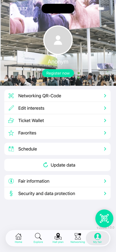 spoga horseアプリのマイフェアプロフィールセクション。チケットウォレット、スケジュール、ネットワーキングQRコードなどの個人的なイベント管理ツールが特徴です。