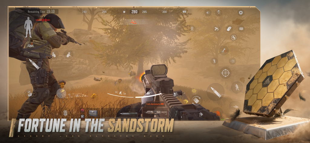 First-person tactical shooter gameplay showing a character aiming a rifle during a desert sandstorm