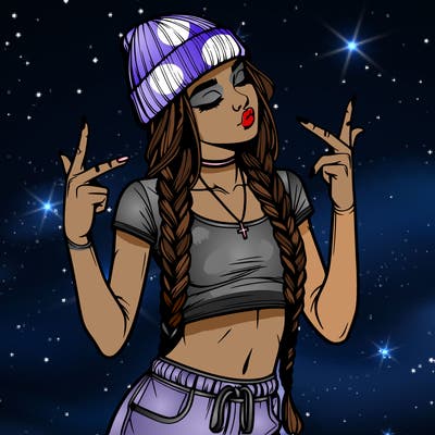 realistic teenage girl with braids and a beanie and crop top doing 🫶🏼