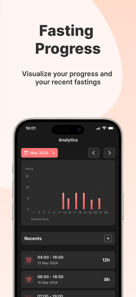 Water Fasting App - Easy Fast - Fasting progress analytics screen showing a bar chart and recent history in the Easy Fast app.
