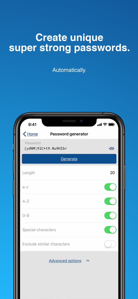 Interfaz de la aplicación Sticky Password Manager mostrando la herramienta de generación automática de contraseñas seguras en un smartphone.