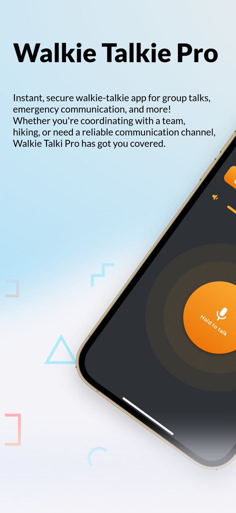 Group Talks: Walkie Talkie Pro - Introductory screen of the Walkie Talkie Pro app showing the push to talk interface