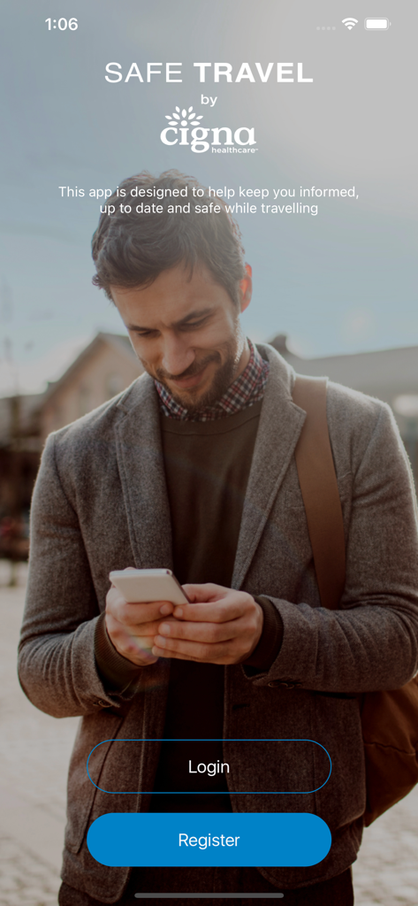 Safe Travel by Cigna app welcome screen with login and register buttons