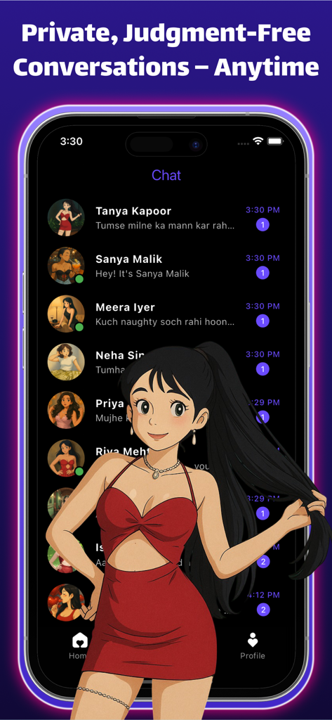 Chat-Bildschirm mit mehreren KI-Freundinnen-Profilen und einem virtuellen Begleiter-Charakter