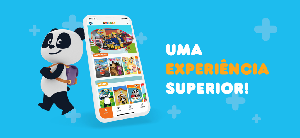 Mascota Panda junto a un smartphone mostrando la interfaz de la aplicación Panda plus con programas infantiles portugueses