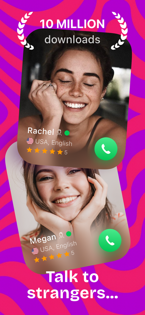 Screenshot der Wakie Chat App, die Benutzerprofile mit Anruf-Buttons und dem Text Talk to strangers zeigt