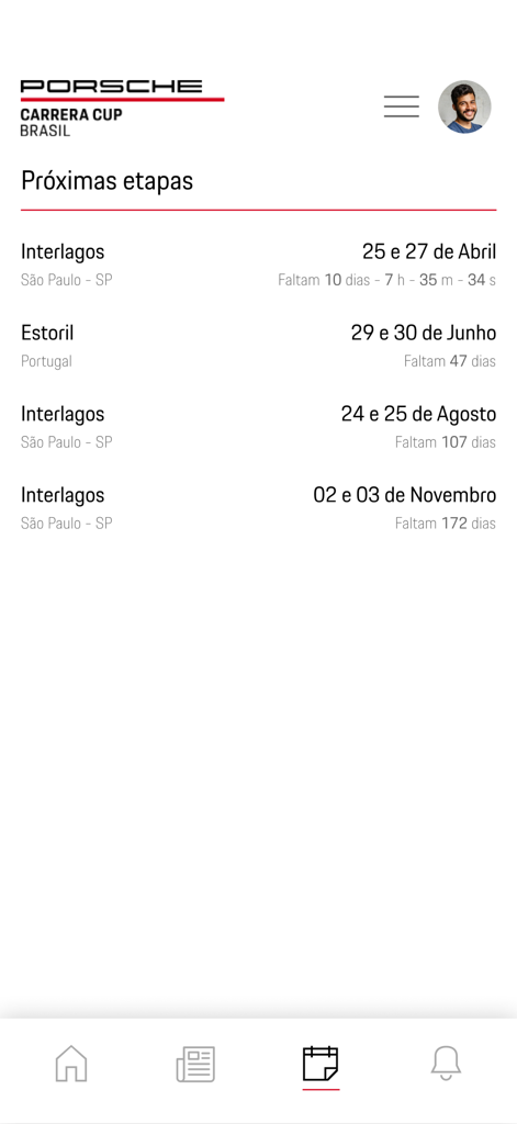 Porsche Cup Brasil 앱 화면에는 날짜와 장소를 포함한 예정된 레이스 단계 일정이 표시됩니다.