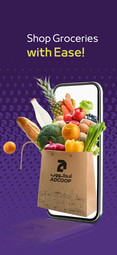 ADCOOP - Smartphone-Bildschirm, der eine Papiertüte mit frischen Lebensmitteln und dem Text Shop Groceries with Ease zeigt