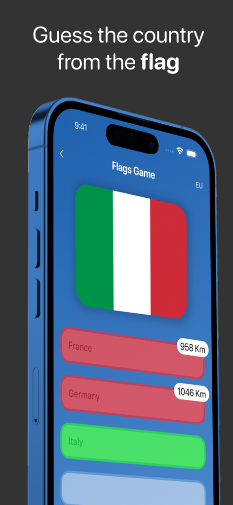 Geography Games - Geo Quiz - 地理ゲームアプリの国旗推測ゲームを表示するスマートフォンの画面。