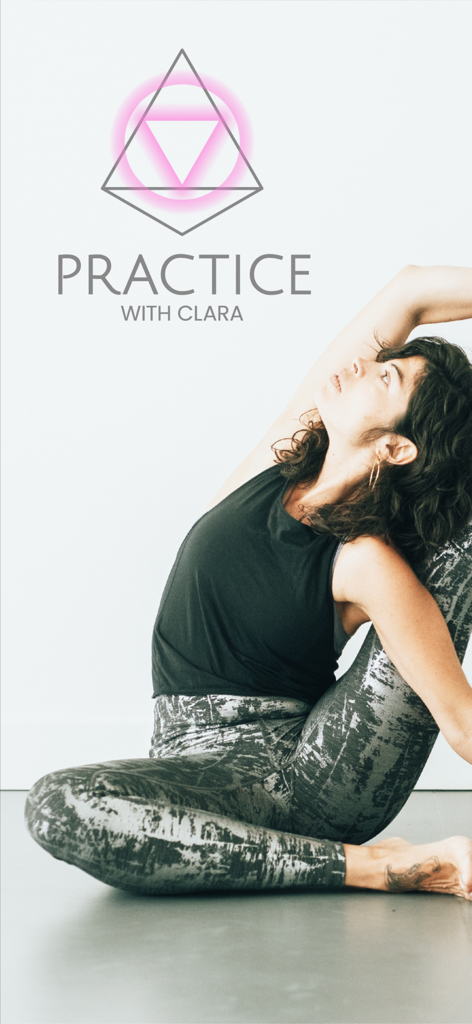 Practice with Clara - A woman performing an advanced yoga pose under the Practice with Clara logo.