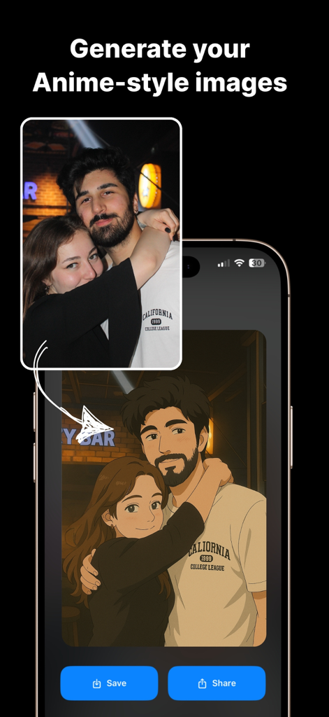 Animefy・AI Anime Art Maker - A before and after comparison of a couple's photo transformed into anime art using the Animefy app