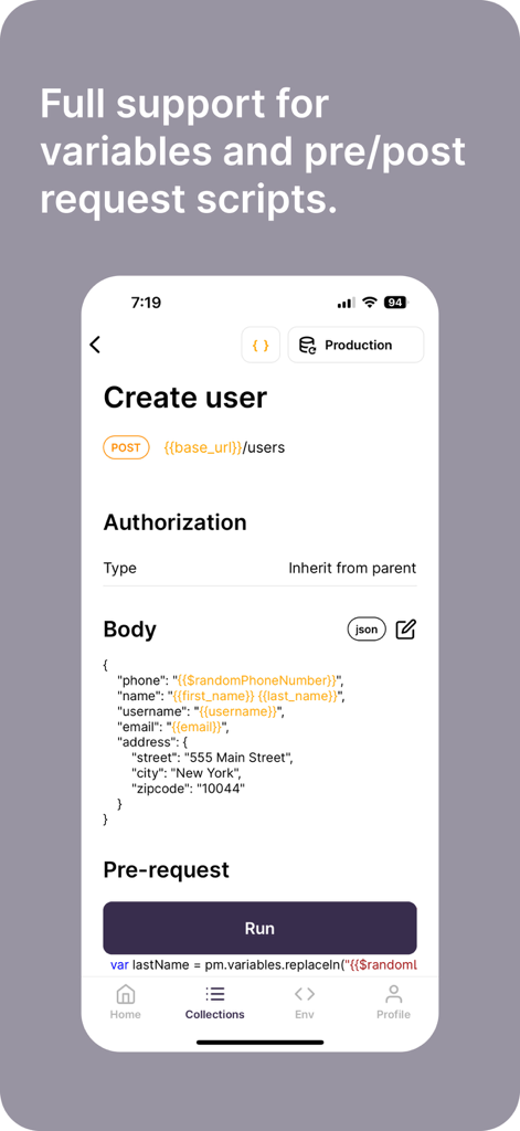 Interfaz de Postman móvil de Cosmo que muestra una solicitud POST de API con variables JSON y soporte para scripts pre-solicitud.