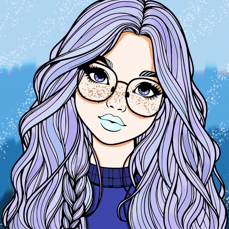 girl with long hair and freckles and glasses realistic