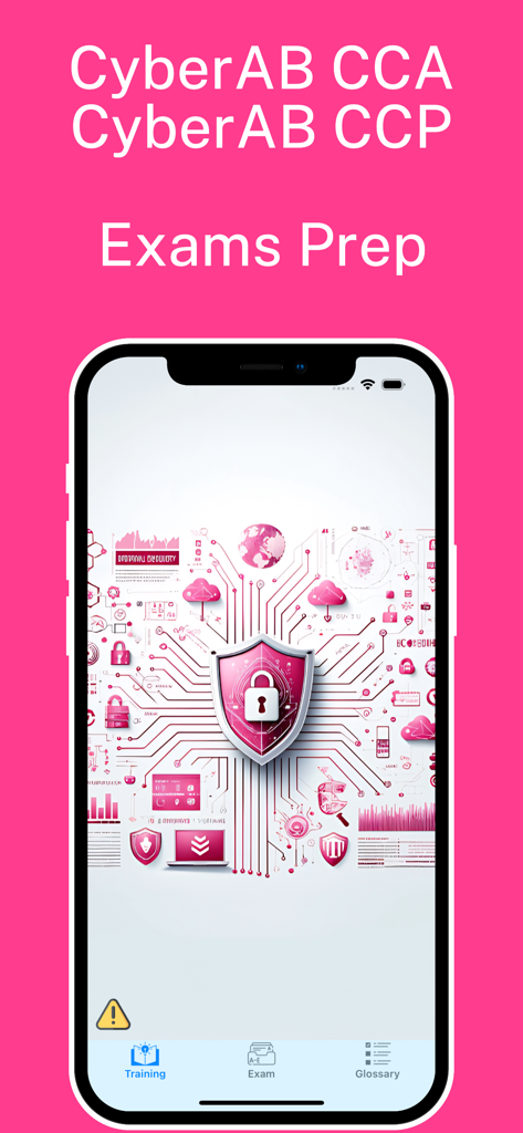 Cyber AB (CCA & CCP) Exam Prep - Home screen of the Cyber AB CCA and CCP Exam Prep app with a security shield and padlock icon