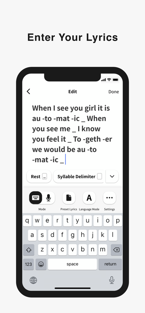 Lyric Creator - Un smartphone mostrando la interfaz de la aplicación Lyric Creator para introducir y formatear letras de canciones con divisiones silábicas