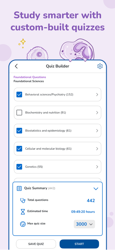 Osmosis: Medical School Notes - Osmosisアプリのクイズビルダーインターフェース。遺伝学や行動科学などの医学学習トピックの選択とクイズの概要が表示されている。