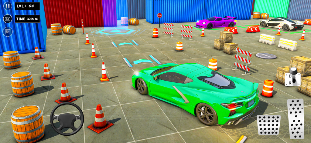 Luxury City Car Parking - Un coche deportivo de lujo verde navegando un circuito de obstáculos de aparcamiento con conos y barriles en un juego de simulación 3D.