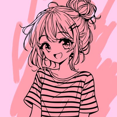 anime girl teenager striped shirt and smile and messy bun