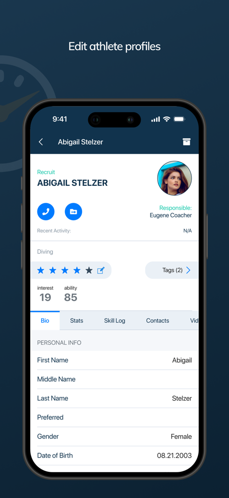 ARI Athletics mobile app screen showing a detailed athlete recruitment profile for editing