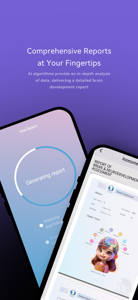 A detailed brain development and neurological assessment report generated by the Meowsprout app showing cognitive and social scores for a child.