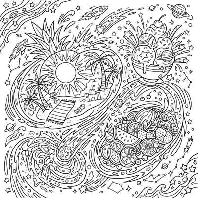 Blast off into a vibrant summer with this unique coloring page, blending the explosive energy of Starburst Galaxies with the laid-back joy of a tropical vacation. Unleash your creativity on a whimsical scene featuring cosmic beach elements, delicious treats, and swirling celestial patterns.