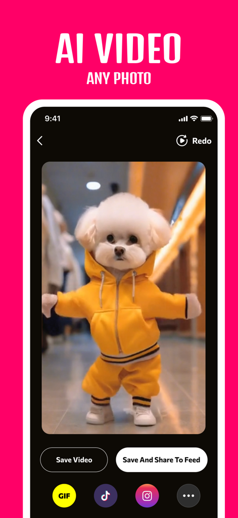 A white dog in a yellow tracksuit animated to dance in the Photo Dance app interface