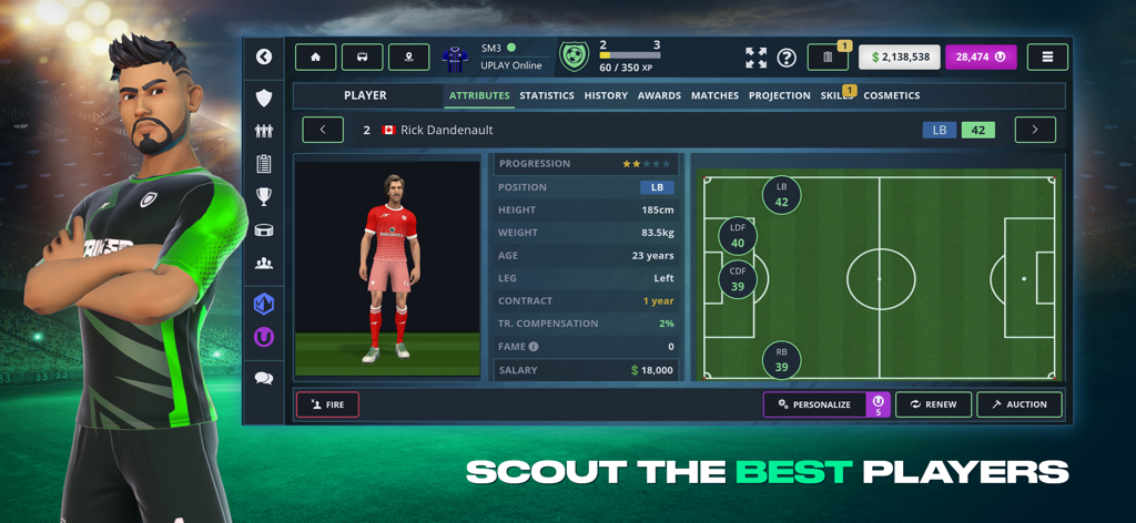 Striker Manager 3 - Striker Manager 3 player profile screen showing stats attributes and tactical pitch positioning for scouting