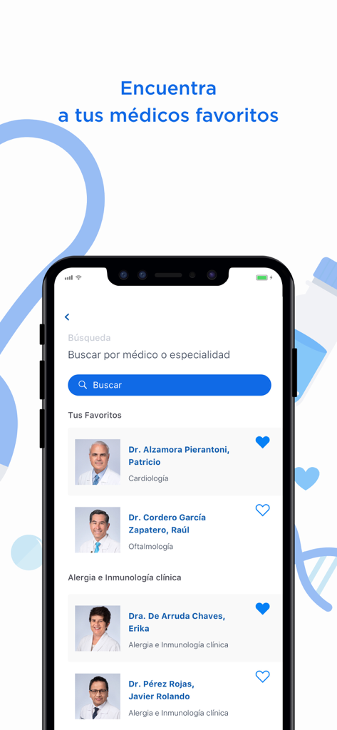 Clínica Anglo Americana - Mobile app screen showing a search bar and list of favorite doctors with their specialties and photos