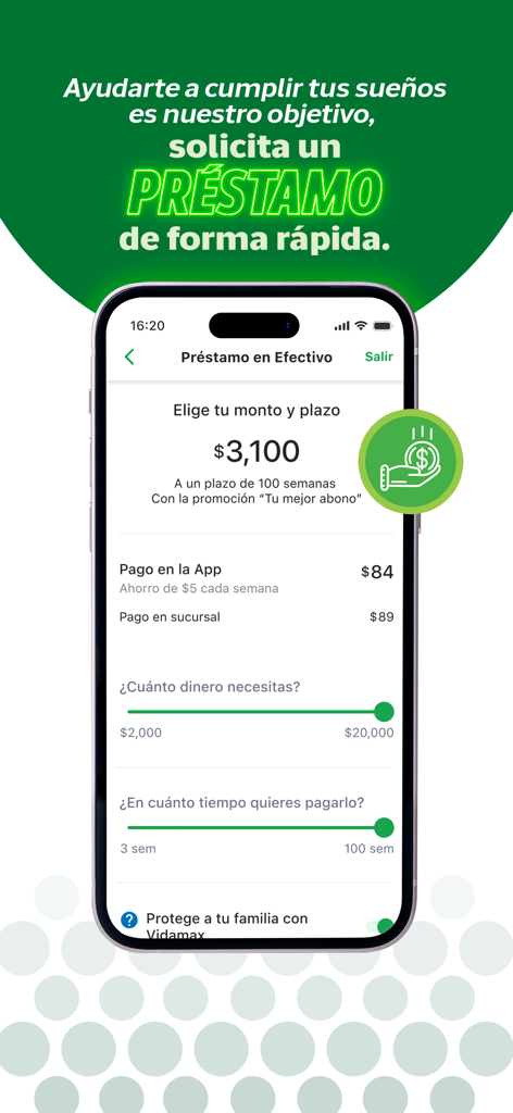 Écran de l'application mobile Banco Azteca montrant les options pour demander un prêt en espèces en espagnol