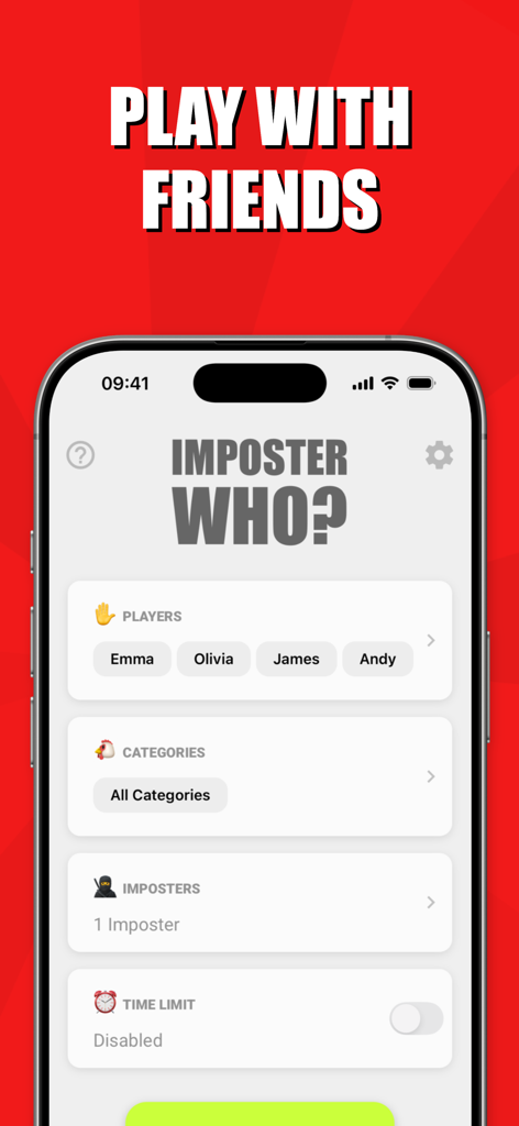 Imposter Who単語ゲームのセットアップ画面。プレイヤー選択とゲームカテゴリーが表示されている。
