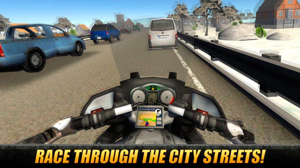 Moto Traffic Rider 3D: Speed City Racing - Vista en primera persona de una motocicleta corriendo a través del tráfico urbano