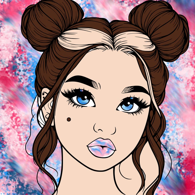 realistic girl with two buns on her hair and lips