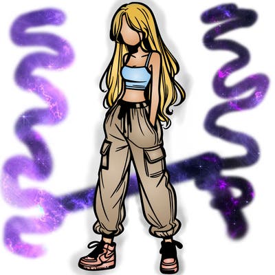 girl in baggy pants crop top and long hair