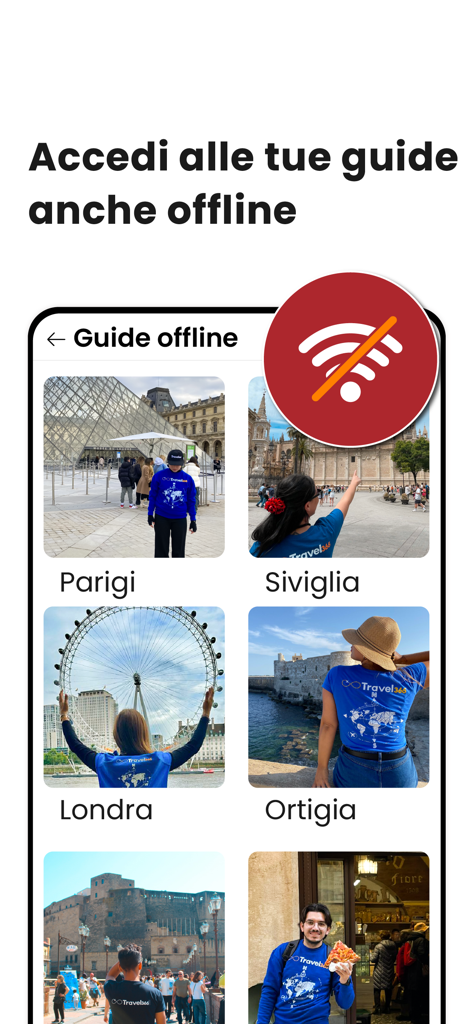 Travel365 mobile app interface showing offline travel guides for destinations like Paris London and Seville