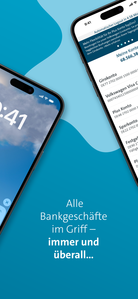 Volkswagen Bank Banking - Zwei iPhones zeigen die Kontostände und die Transaktionsübersicht der Volkswagen Bank Mobile App an