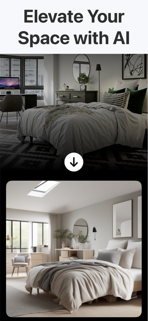 Transformação de quarto com IA de antes e depois no aplicativo Plan My Room