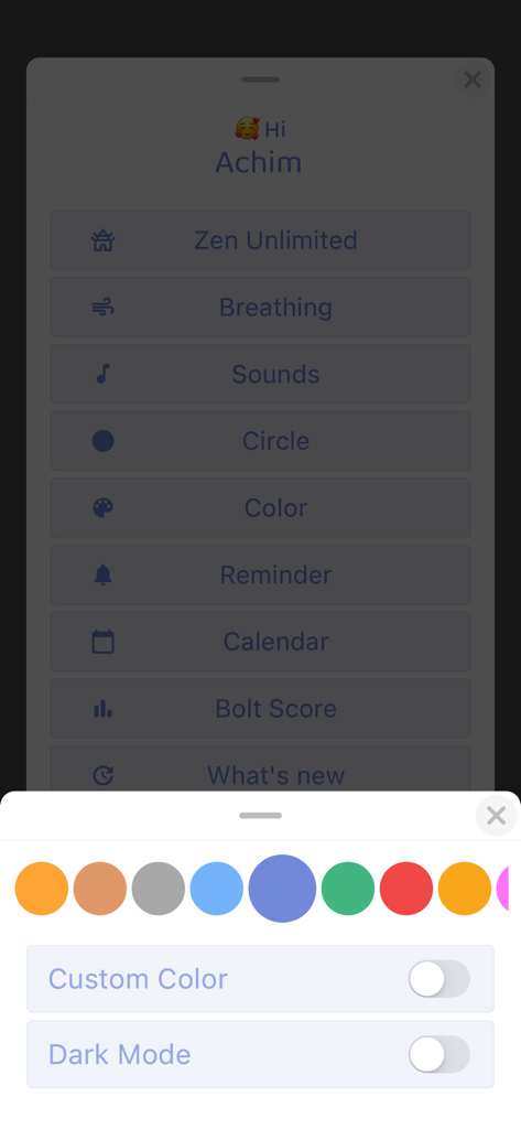 Settings screen of the Breathe app showing color selection palette and dark mode toggle.