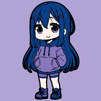 'cute anime girl with baggy clothes and pink at the bottom of her hair and cute smile