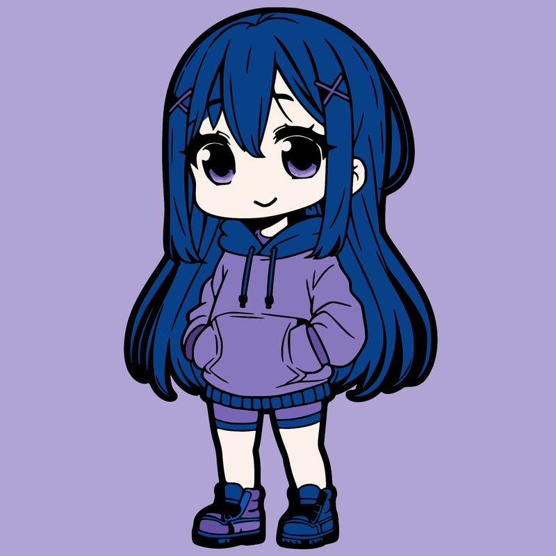 'cute anime girl with baggy clothes and pink at the bottom of her hair and cute smile