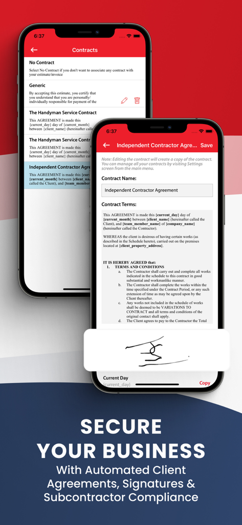 Contractor+ - Mobile app interface for creating digital contracts and capturing electronic signatures for home service businesses
