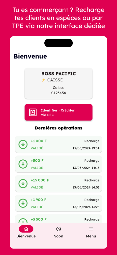 iZipay Pacific - Panel de comerciante de iZipay Pacific mostrando recargas recientes de clientes y botón de identificación NFC