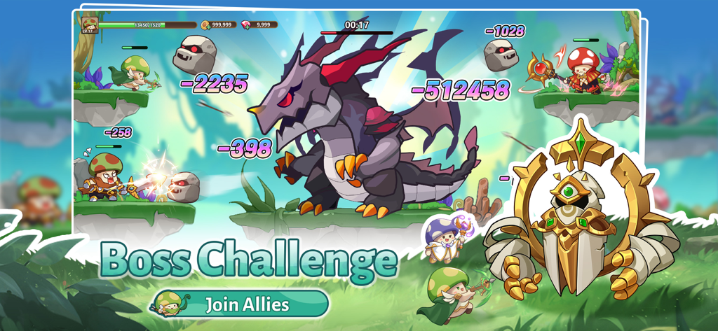 Legend of Mushroom - Personajes seta luchando contra un dragón gigante en una batalla de desafío contra jefe