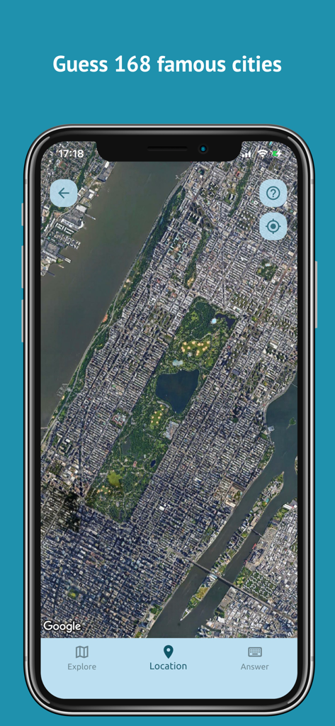 Geo Mania: Guess the Location - Satellite view of New York City in the Geo Mania geography trivia app