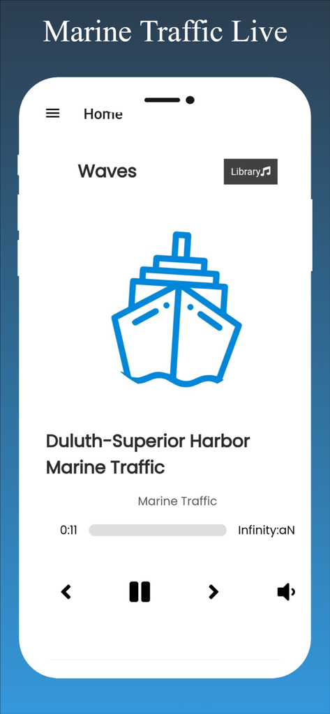 Marine Traffic Live App-Oberfläche mit einem Audioplayer für den Verkehr im Hafen von Duluth Superior